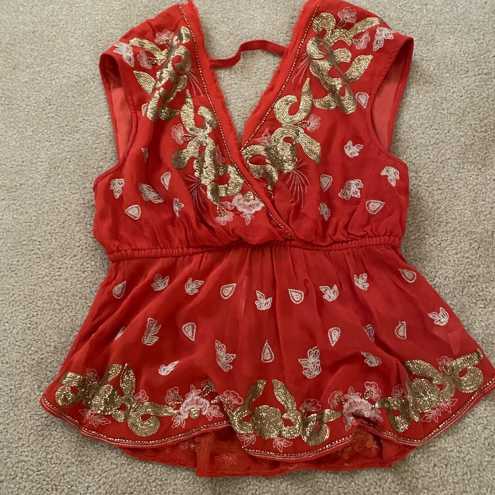 FREE PEOPLE ORANGE GOLD BEADED TOP